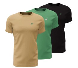 Koszulka męska 4F M3094 3pak beżowa, oliwkowa, czarna 4FWSS25TTSHM3094 92S